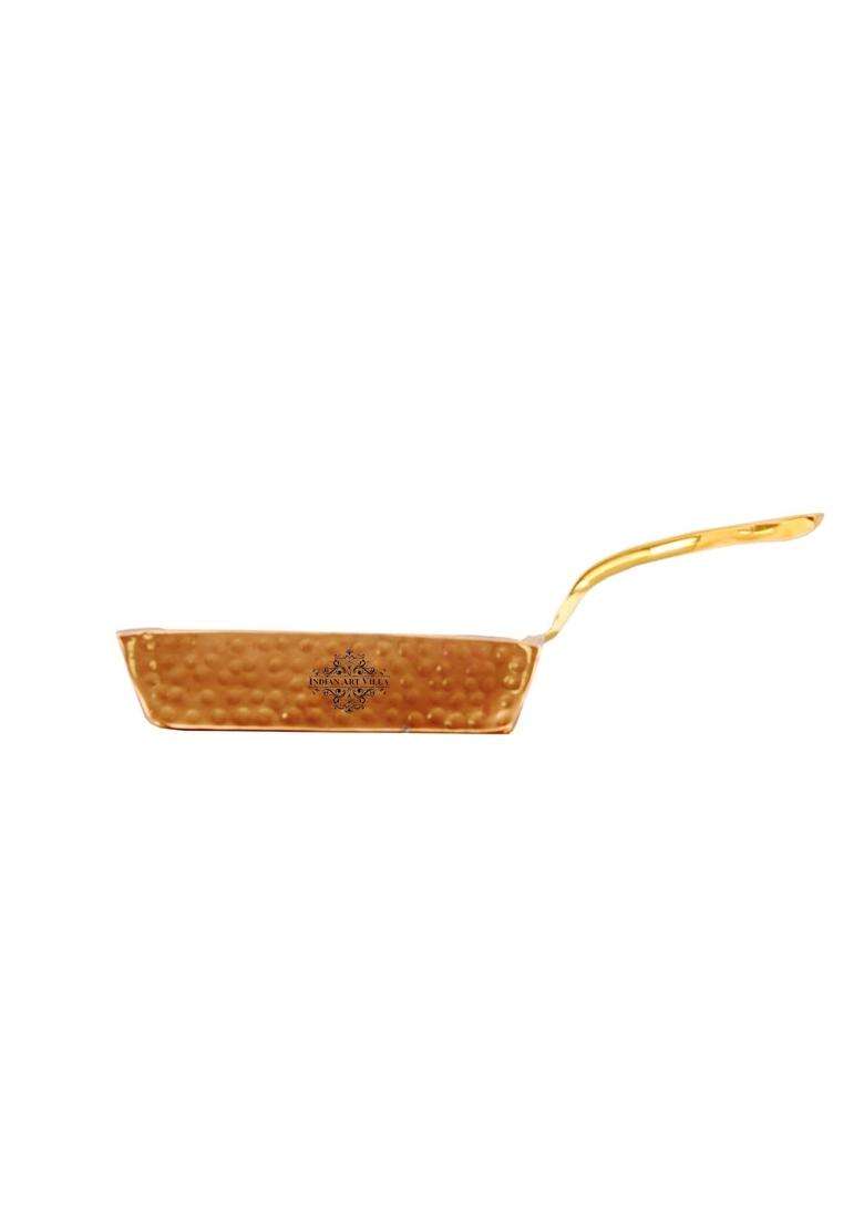 INDIAN ART VILLA Copper Serving Square Pan with Inside Tin Lining and Brass Handle | 5.6 Inch - Indya