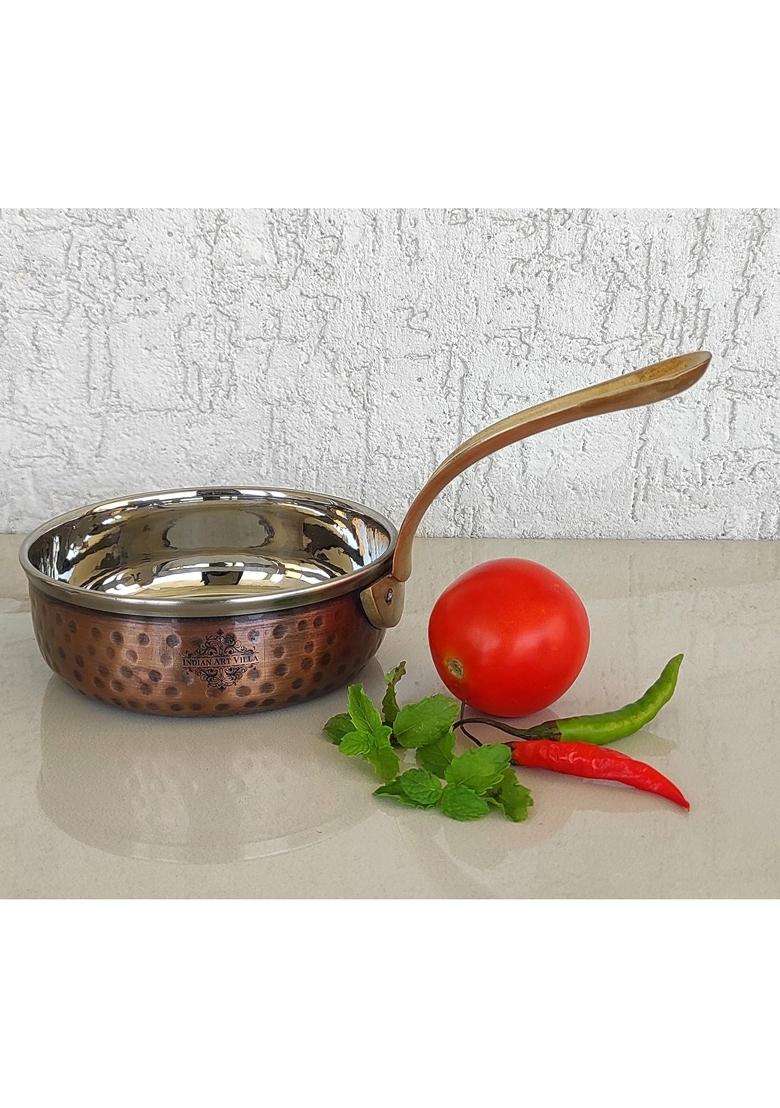 INDIAN ART VILLA Steel Copper Serving Pan with Handle | 4.5 Inch | Hammered Finish - Indya