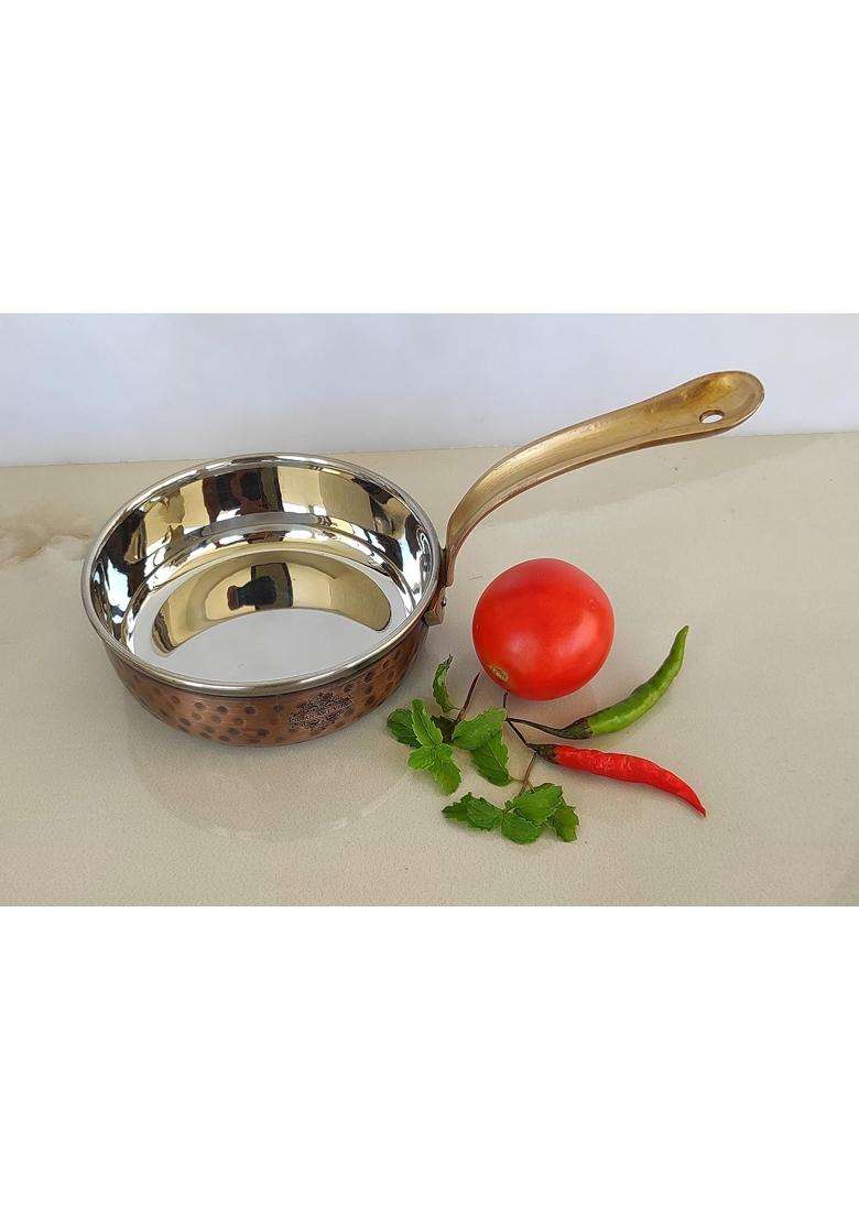INDIAN ART VILLA Steel Copper Serving Pan with Handle | 4.5 Inch | Hammered Finish - Indya