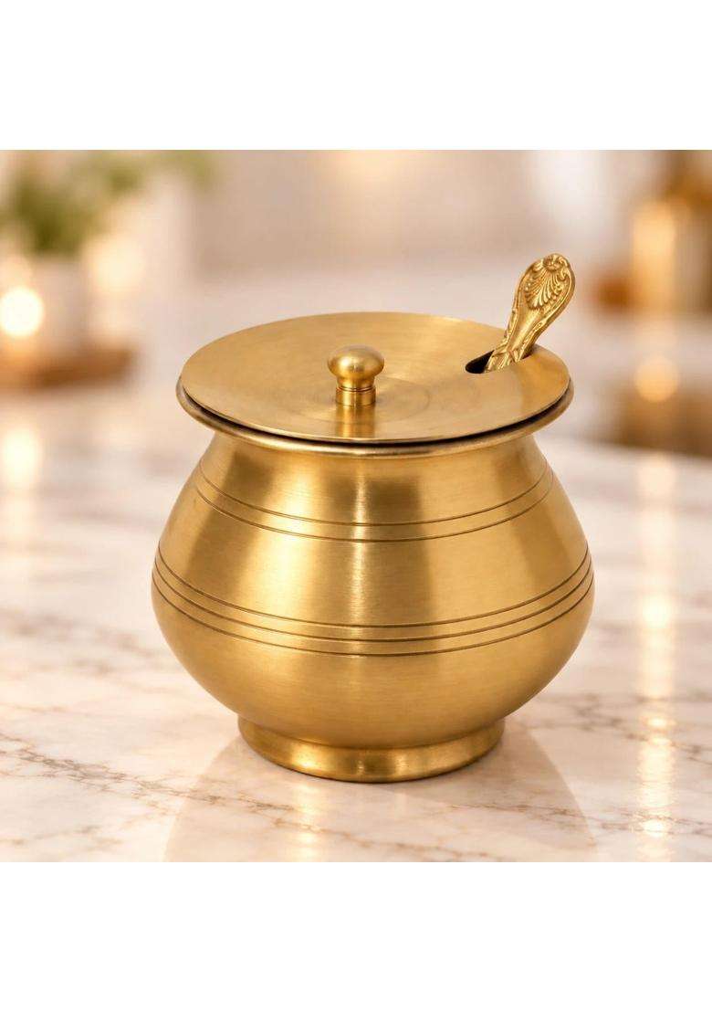 Copper-Master Brass Ghee Pot with Lid and Spoon | 300 ml | 10.1 fl oz | Tin Lined Kalai | Handcrafted - Indya