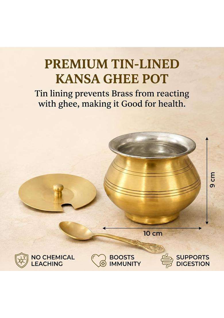 Copper-Master Brass Ghee Pot with Lid and Spoon | 300 ml | 10.1 fl oz | Tin Lined Kalai | Handcrafted - Indya