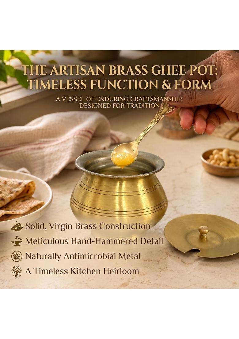 Copper-Master Brass Ghee Pot with Lid and Spoon | 300 ml | 10.1 fl oz | Tin Lined Kalai | Handcrafted - Indya