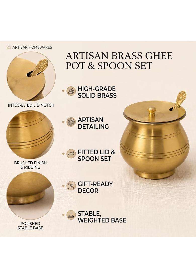 Copper-Master Brass Ghee Pot with Lid and Spoon | 300 ml | 10.1 fl oz | Tin Lined Kalai | Handcrafted - Indya