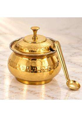 Copper-Master Brass Ghee Pot with Lid and Spoon | 300 ml | 10.1 fl oz | Tin Lined Kalai | Handcrafted