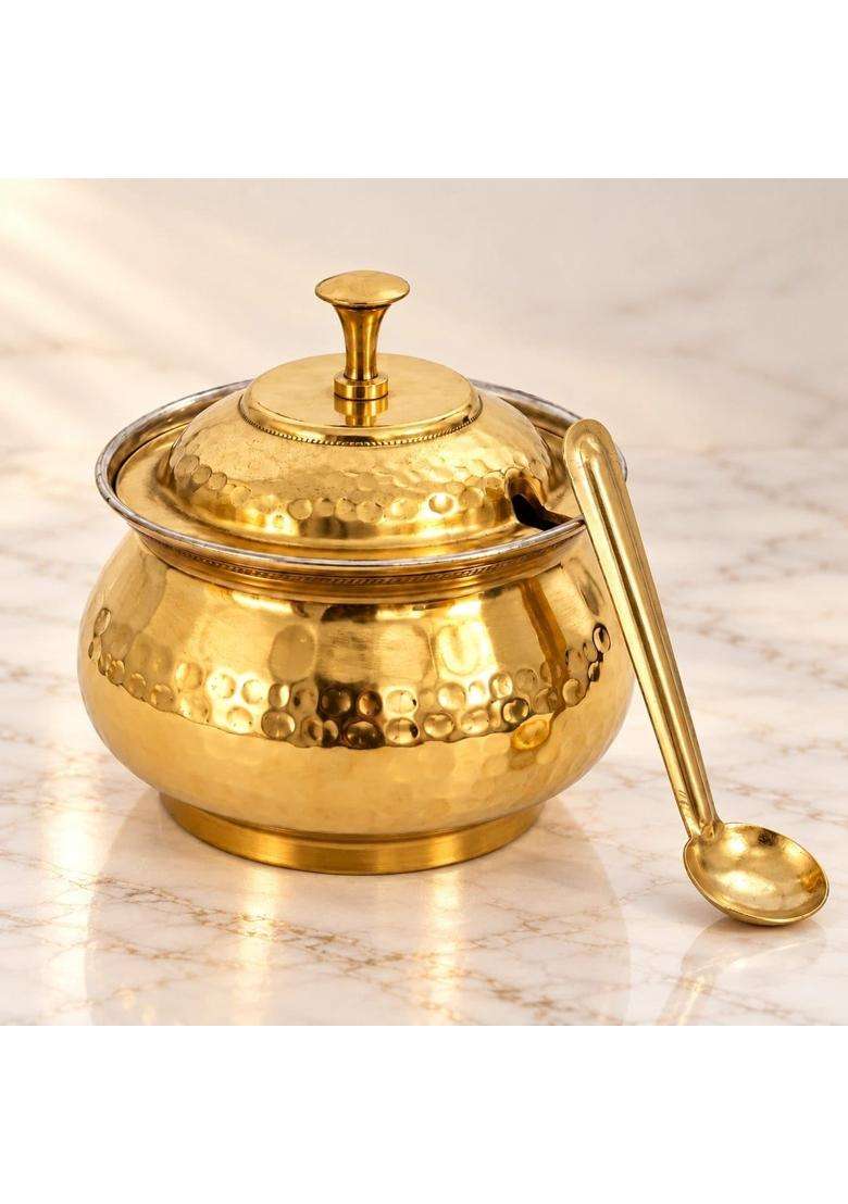 Copper-Master Brass Ghee Pot with Lid and Spoon | 300 ml | 10.1 fl oz | Tin Lined Kalai | Handcrafted - Indya