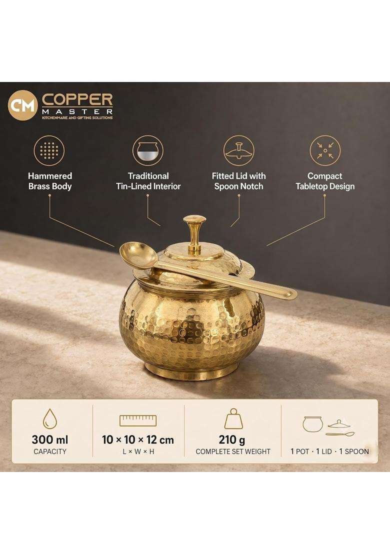 Copper-Master Brass Ghee Pot with Lid and Spoon | 300 ml | 10.1 fl oz | Tin Lined Kalai | Handcrafted - Indya
