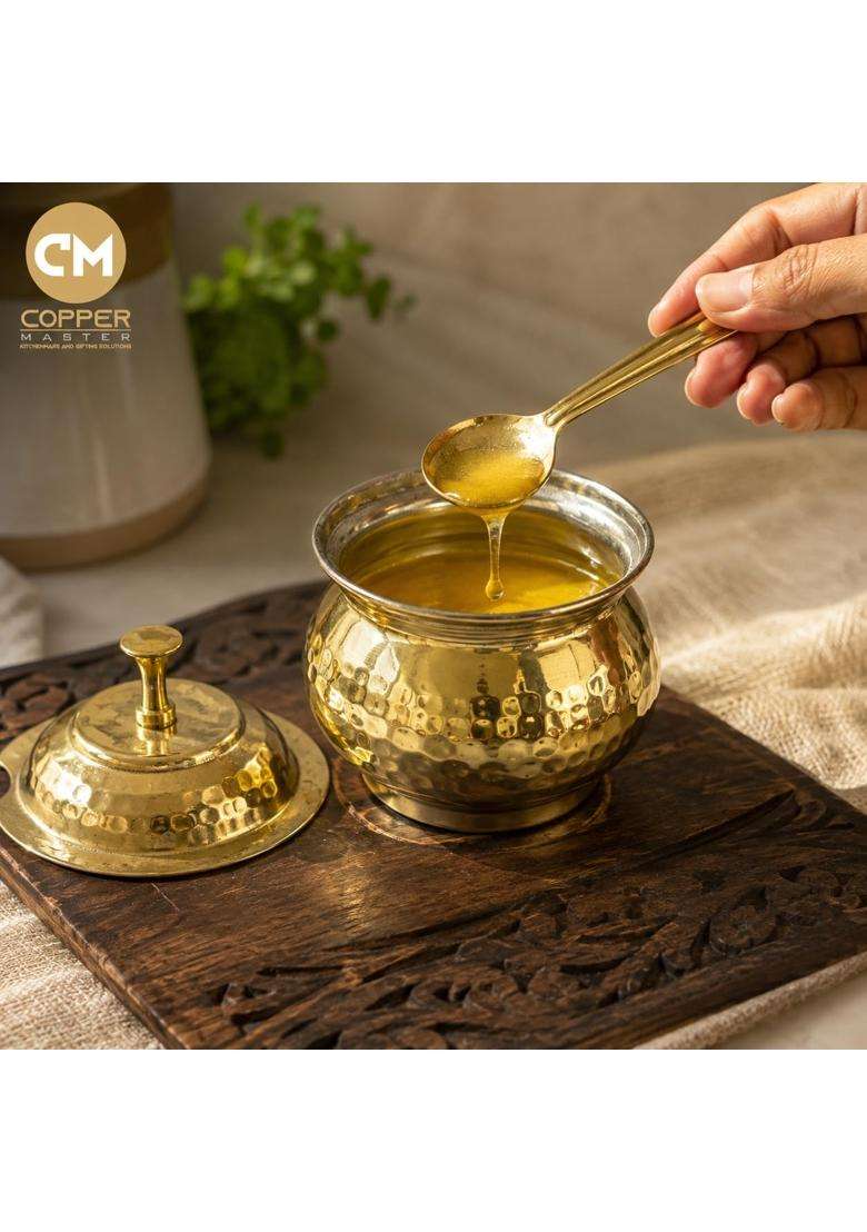 Copper-Master Brass Ghee Pot with Lid and Spoon | 300 ml | 10.1 fl oz | Tin Lined Kalai | Handcrafted - Indya