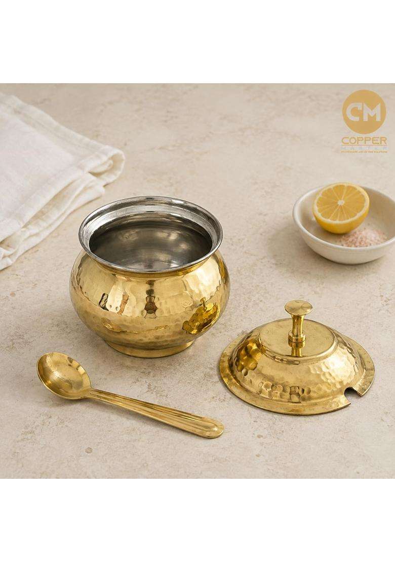 Copper-Master Brass Ghee Pot with Lid and Spoon | 300 ml | 10.1 fl oz | Tin Lined Kalai | Handcrafted - Indya