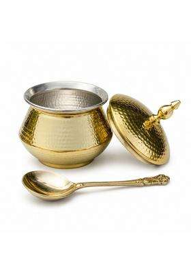 SHIV SHAKTI ARTS Brass Handi Matka Clay Water Pot with Dome Lid and Serving Spoon | 2 L | 2.1 Qt | Hammered Finish