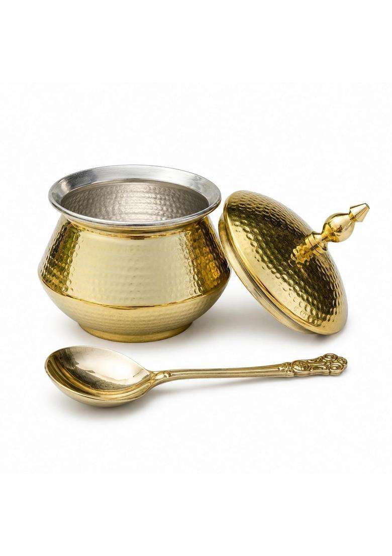 SHIV SHAKTI ARTS Brass Handi Matka Clay Water Pot with Dome Lid and Serving Spoon | 2 L | 2.1 Qt | Hammered Finish - Indya