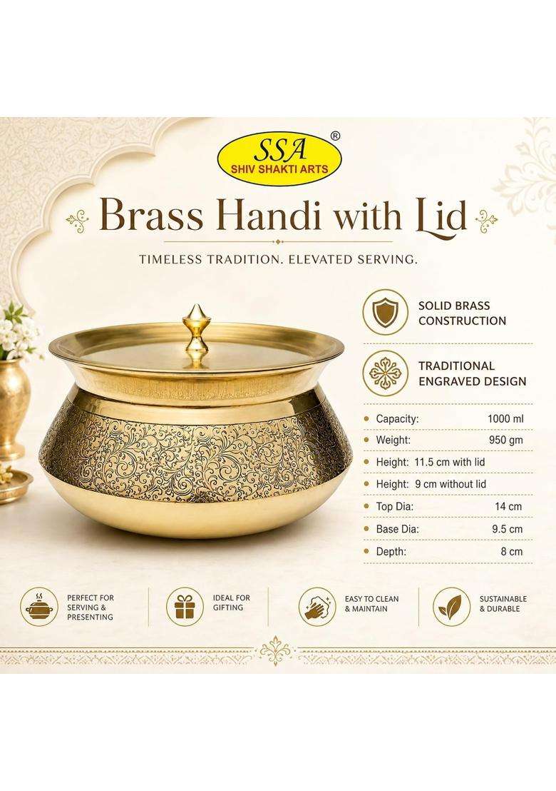 SHIV SHAKTI ARTS Brass Royal Handi with Lid | 1 L | 1.1 Qt - Indya