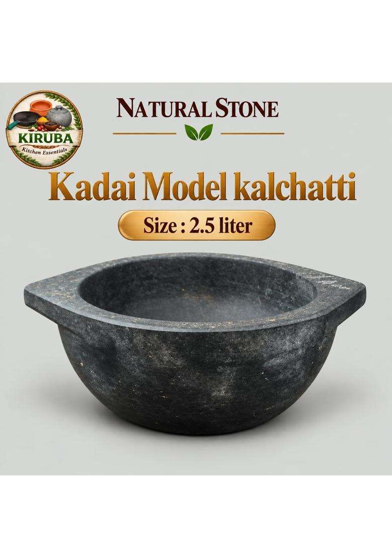 KIRUBA KITCHEN ESSENTIALS Natural Stone Kadai Wok Model Kalchatti Cooking Pot | 2.5 L | 2.6 Qt - Indya