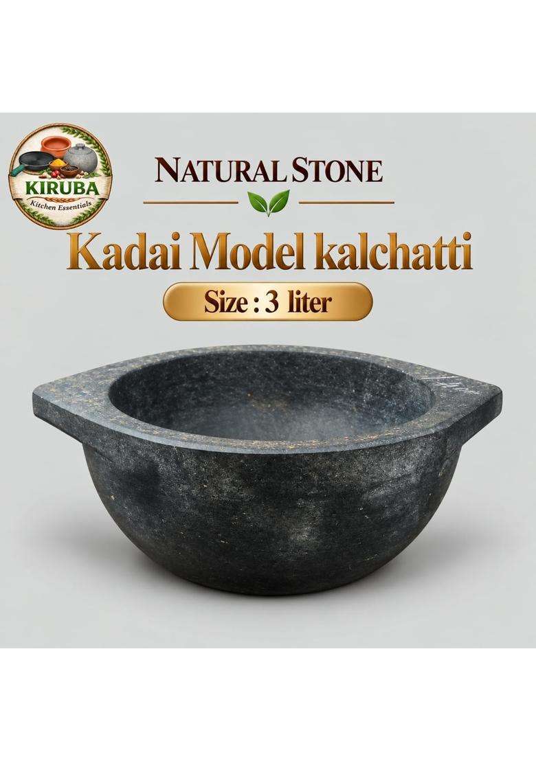 KIRUBA KITCHEN ESSENTIALS Natural Stone Kadai Wok Model Kalchatti Cooking Pot | 3 L | 3.2 Qt - Indya