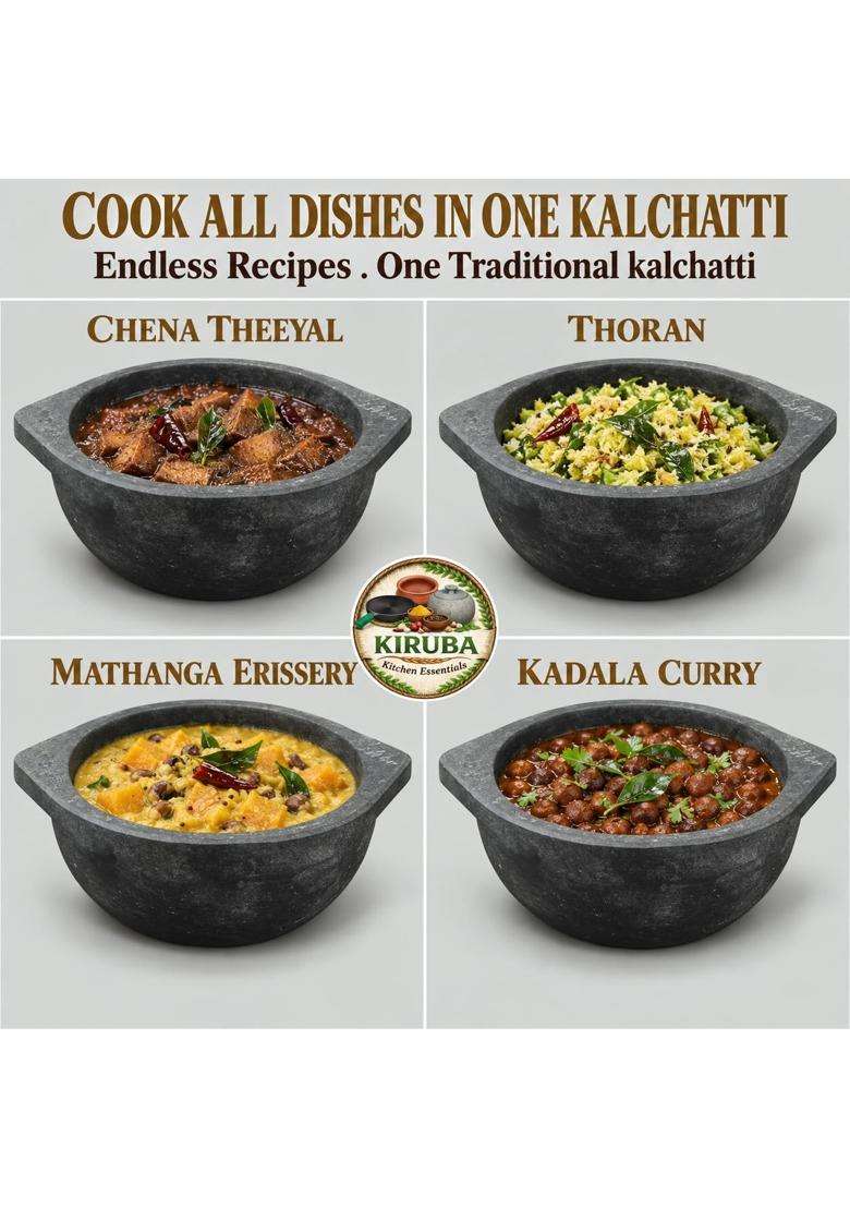 KIRUBA KITCHEN ESSENTIALS Natural Stone Kadai Wok Model Kalchatti Cooking Pot | 3 L | 3.2 Qt - Indya