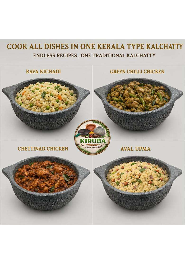 KIRUBA KITCHEN ESSENTIALS SKS Hand Made Kalchatti Natural Stone Cooking Pot | 2 L | 2.1 Qt - Indya