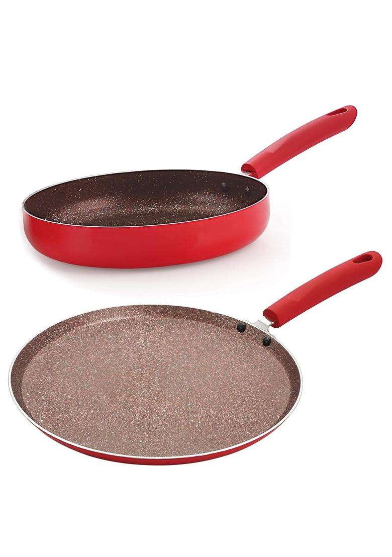 NIRLON Red Stone 2-Piece Aluminium Non Stick Dishwasher Safe Induction Cookware Set | 1.5 L | 1.6 Qt | 26 cm | 10.2 Inch - Indya