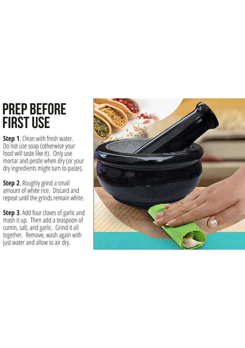 EZAHK Black Granite Stone Mortar and Pestle Set | 6 Inch - Indya