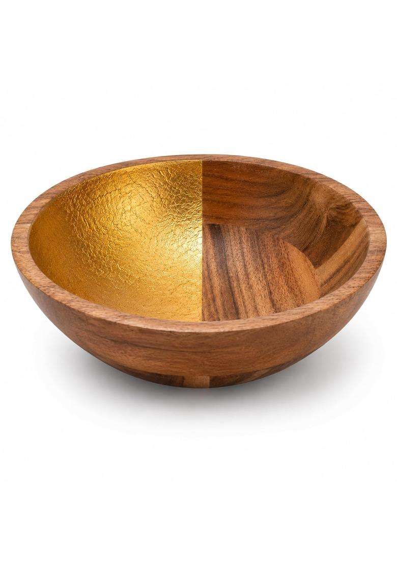 AANYA HOME CRAFT Aanya Homecraft Extra Large Wooden Serving Bowl with Gold Enamel Accent | 25 cm | 9.8 Inch - Indya