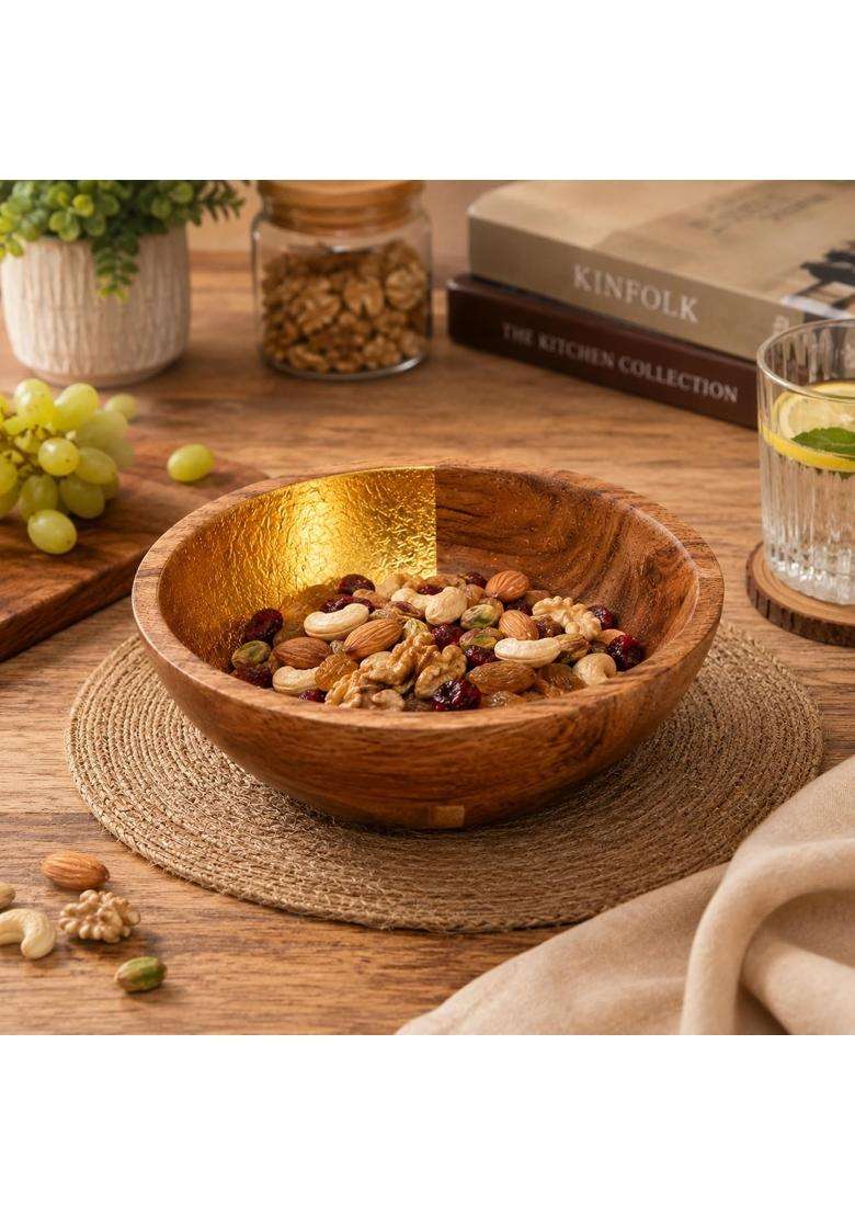 AANYA HOME CRAFT Aanya Homecraft Extra Large Wooden Serving Bowl with Gold Enamel Accent | 25 cm | 9.8 Inch - Indya