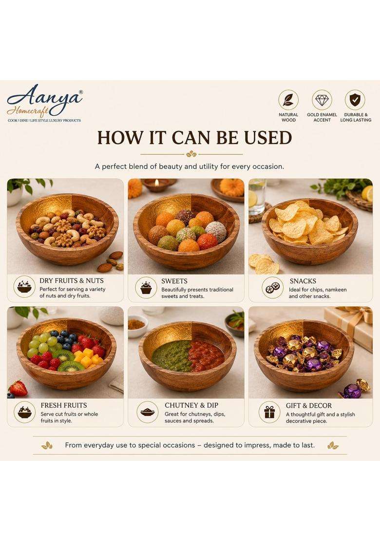 AANYA HOME CRAFT Aanya Homecraft Extra Large Wooden Serving Bowl with Gold Enamel Accent | 25 cm | 9.8 Inch - Indya
