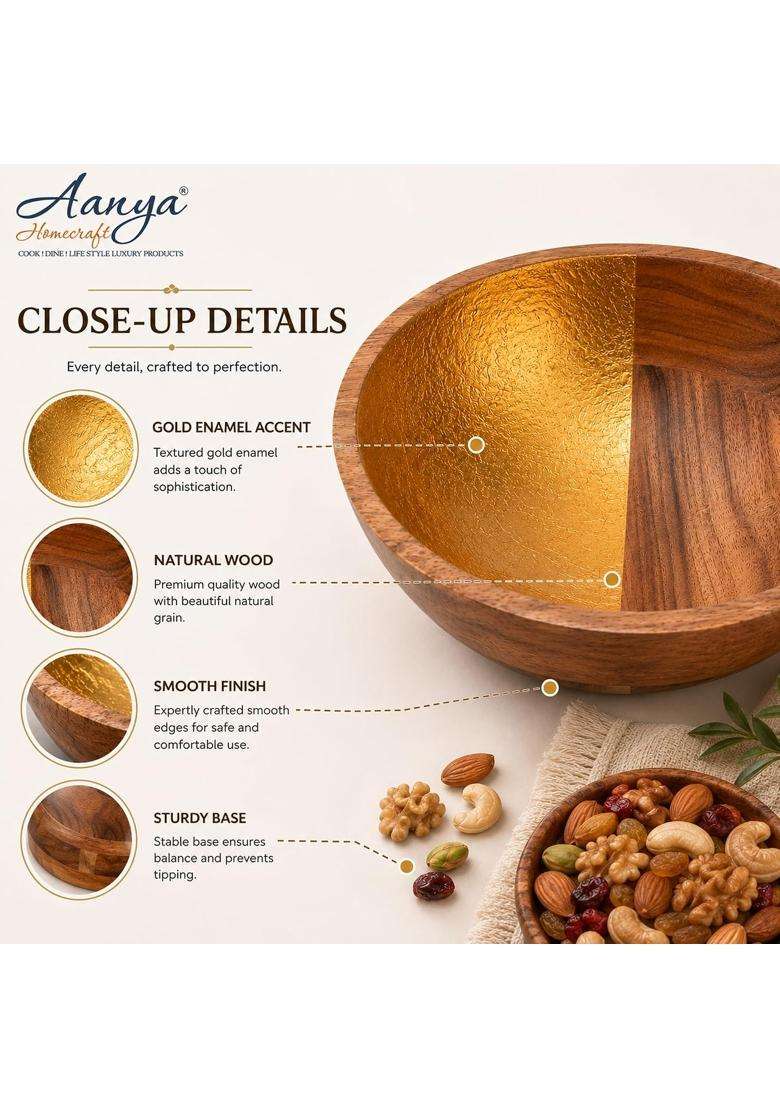 AANYA HOME CRAFT Aanya Homecraft Extra Large Wooden Serving Bowl with Gold Enamel Accent | 25 cm | 9.8 Inch - Indya