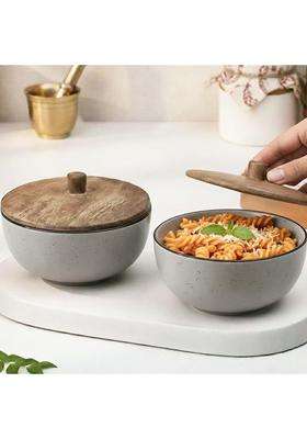 The Earth Store Glossy Grey Marble Ceramic Bowl | 500 ml | 16.9 fl oz | 2-Piece Set | Microwave Safe | With Lid