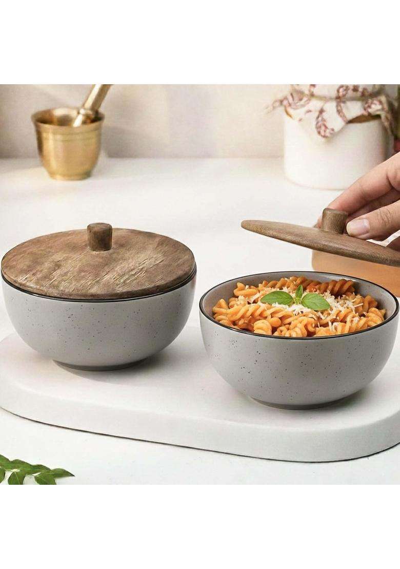 The Earth Store Glossy Grey Marble Ceramic Bowl | 500 ml | 16.9 fl oz | 2-Piece Set | Microwave Safe | With Lid - Indya