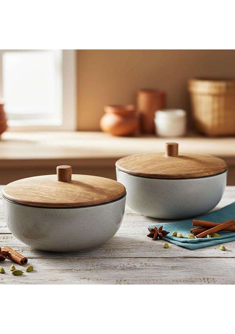 The Earth Store Glossy Grey Marble Ceramic Bowl | 500 ml | 16.9 fl oz | 2-Piece Set | Microwave Safe | With Lid - Indya