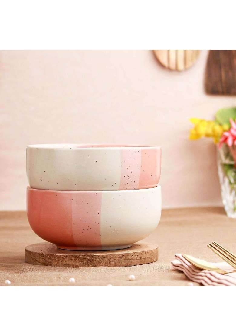 The Earth Store TT Pink Matte Ceramic Bowl Dishwasher and Microwave Safe Bowl Mixing Bowl | 500 ml | 16.9 fl oz | 2-Piece Set - Indya