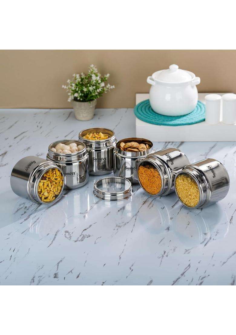Sumeet Stainless Steel Small Canisters Dabba Storage Containers for Kitchen with See | 400 ml | 13.5 fl oz | 9 cm | 3.5 Inch | 6-Piece Set - Indya
