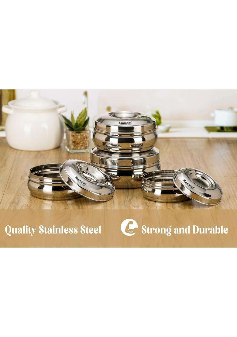 Sumeet Stainless Steel Round Shape Canisters Puri Dabba Storage Containers for Kitchen | 300 ml | 10.1 fl oz | 9.7 cm | 3.8 Inch | Pack of 4 - Indya