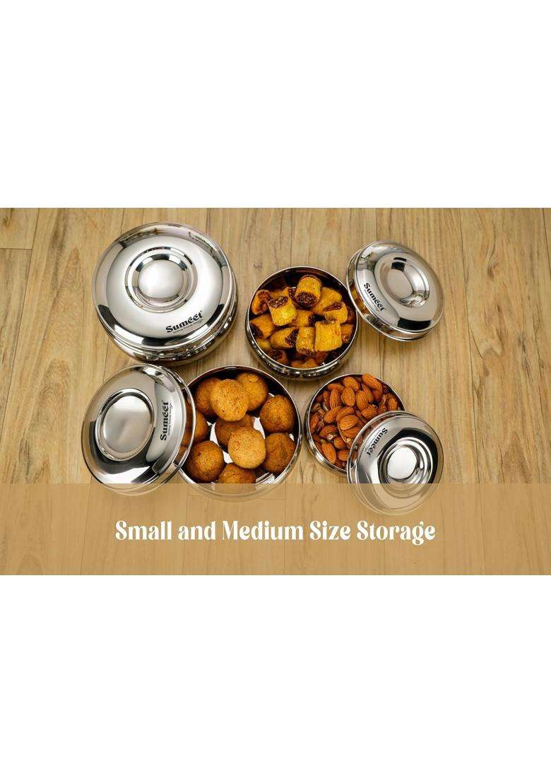 Sumeet Stainless Steel Round Shape Canisters Puri Dabba Storage Containers for Kitchen | 300 ml | 10.1 fl oz | 9.7 cm | 3.8 Inch | Pack of 4 - Indya