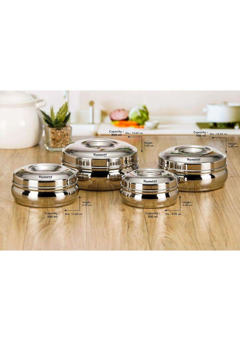 Sumeet Stainless Steel Round Shape Canisters Puri Dabba Storage Containers for Kitchen | 300 ml | 10.1 fl oz | 9.7 cm | 3.8 Inch | Pack of 4 - Indya
