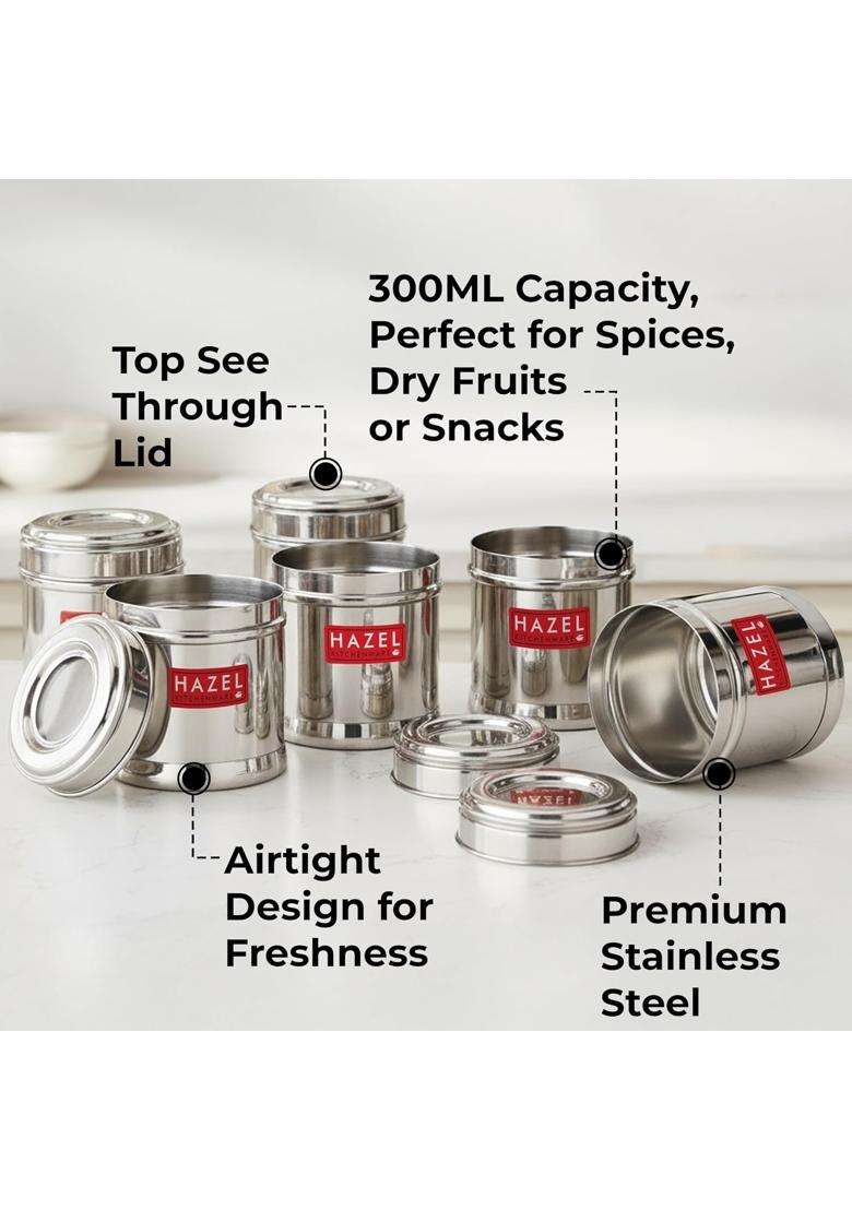 HAZEL Stainless Steel Kitchen Containers with Transparent See Through Lid | 300 ml | 10.1 fl oz | 6-Piece Set - Indya