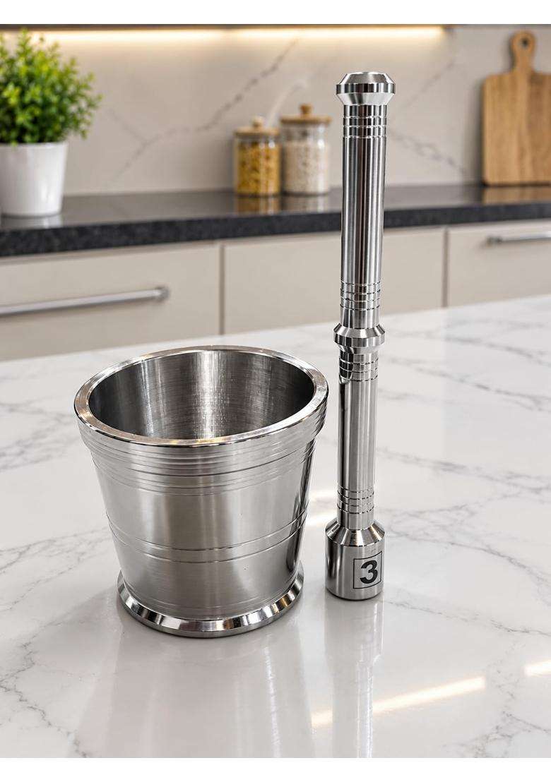 AAYU CRAFT KITCHENWARE FOR LIFE Steel Okhli Masher Mortar and Pestle Set for Kitchen - Indya