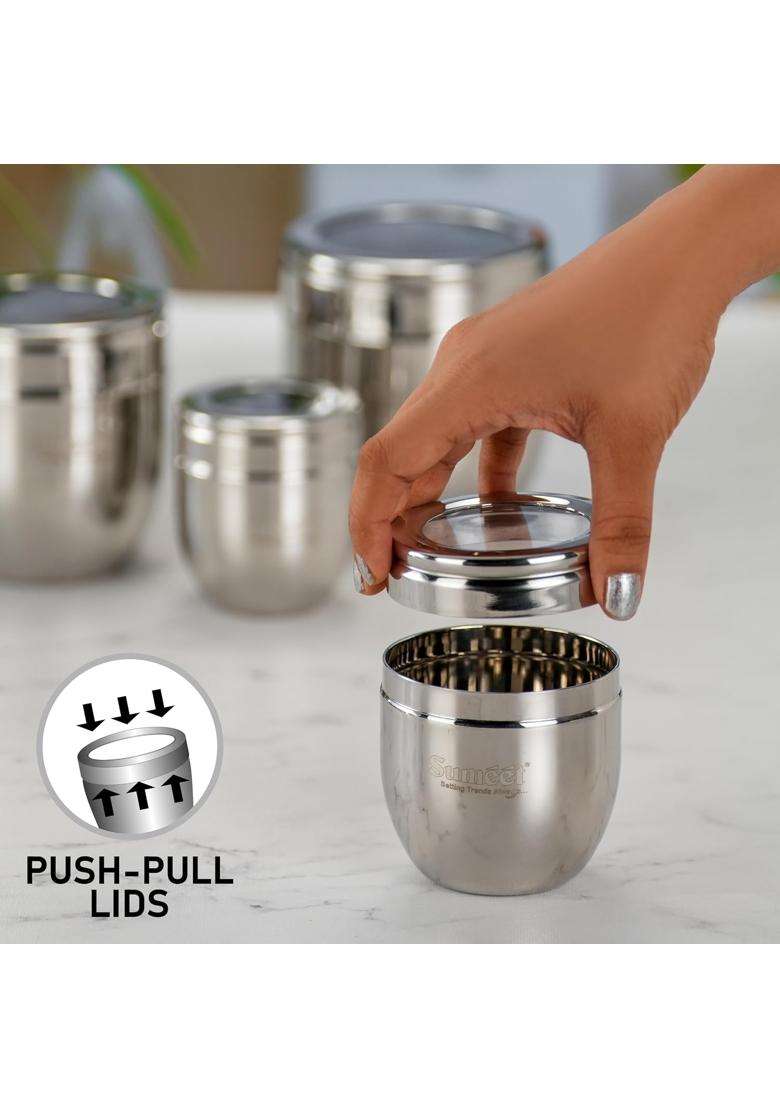Sumeet Stainless Steel Conical Shape Canisters Dabba Storage Containers for Kitchen | 250 ml | 8.5 fl oz | 7 cm | 2.8 Inch | 6-Piece Set - Indya