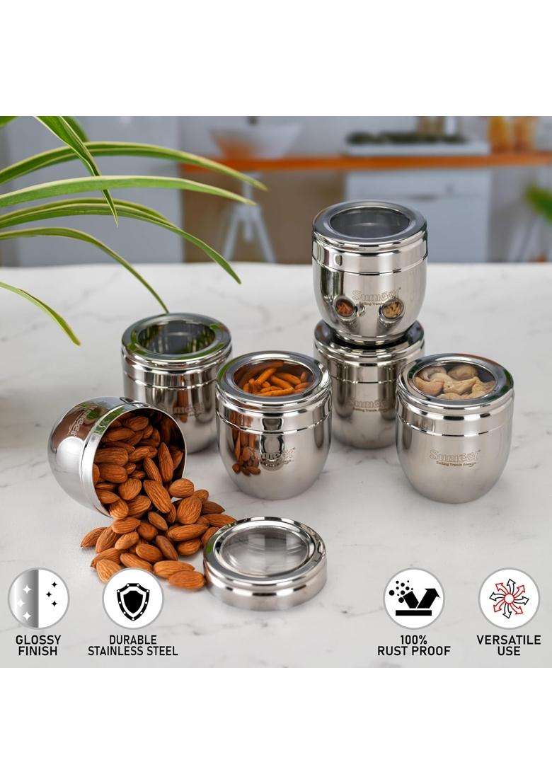 Sumeet Stainless Steel Conical Shape Canisters Dabba Storage Containers for Kitchen | 250 ml | 8.5 fl oz | 7 cm | 2.8 Inch | 6-Piece Set - Indya