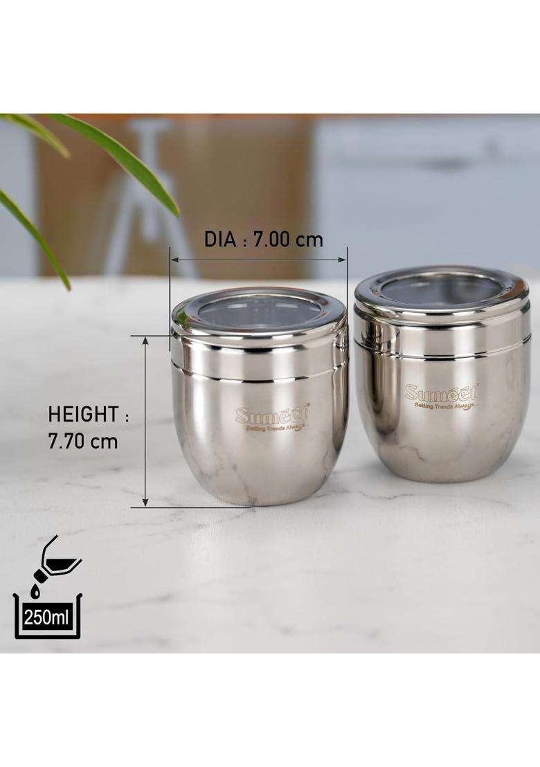 Sumeet Stainless Steel Conical Shape Canisters Dabba Storage Containers for Kitchen | 250 ml | 8.5 fl oz | 7 cm | 2.8 Inch | 6-Piece Set - Indya