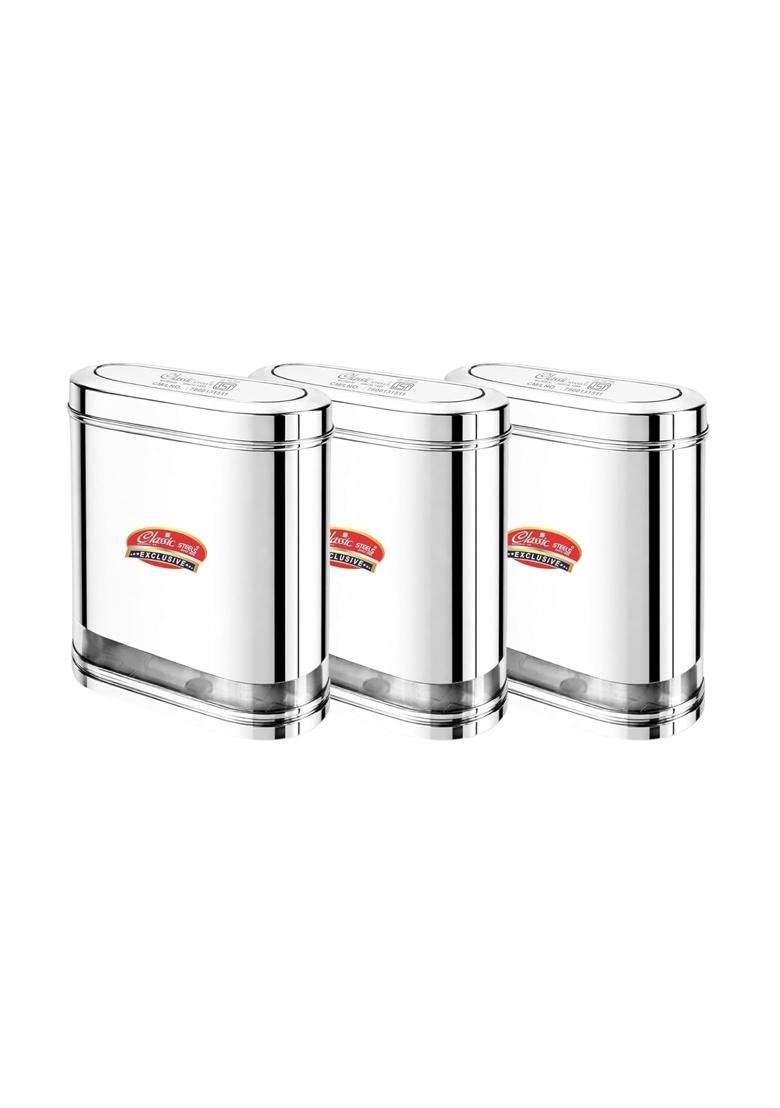 Classic Steels Oval Stainless Steel Kitchen Storage Canisters with Transparent Window | 1500 ml | 50.7 fl oz | Pack of 3 | Dishwasher Safe - Indya