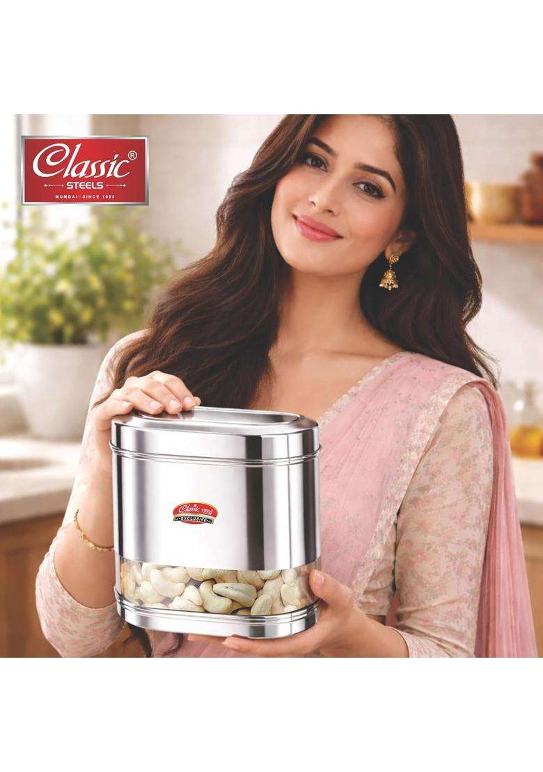 Classic Steels Oval Stainless Steel Kitchen Storage Canisters with Transparent Window | 1500 ml | 50.7 fl oz | Pack of 3 | Dishwasher Safe - Indya