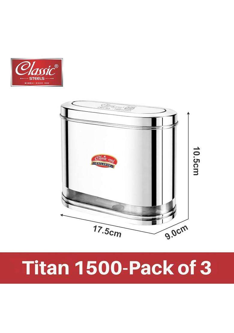 Classic Steels Oval Stainless Steel Kitchen Storage Canisters with Transparent Window | 1500 ml | 50.7 fl oz | Pack of 3 | Dishwasher Safe - Indya