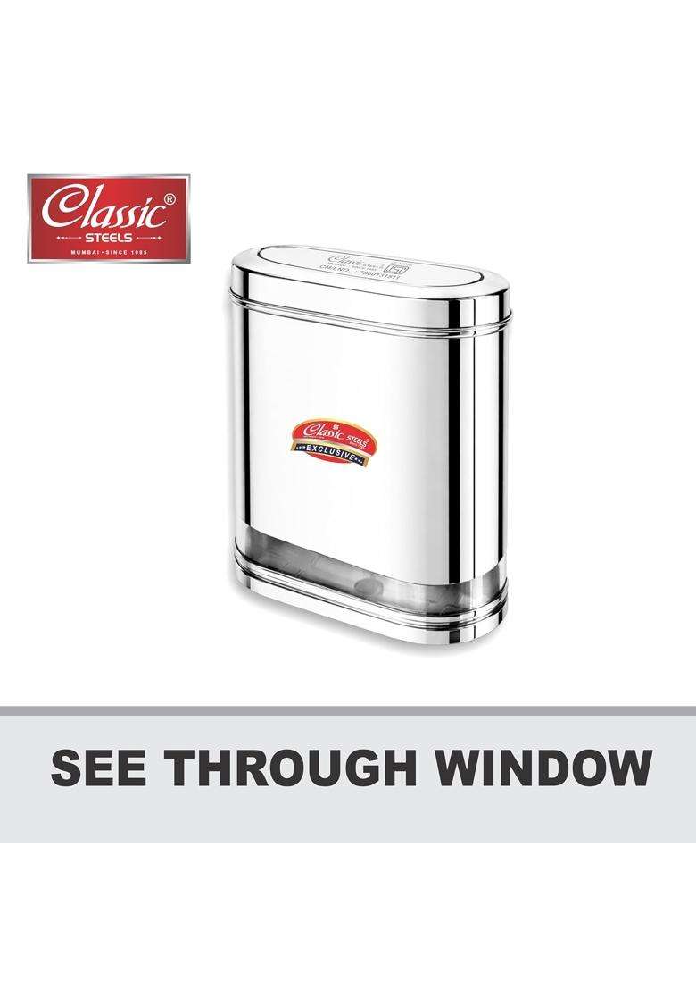 Classic Steels Oval Stainless Steel Kitchen Storage Canisters with Transparent Window | 1500 ml | 50.7 fl oz | Pack of 3 | Dishwasher Safe - Indya