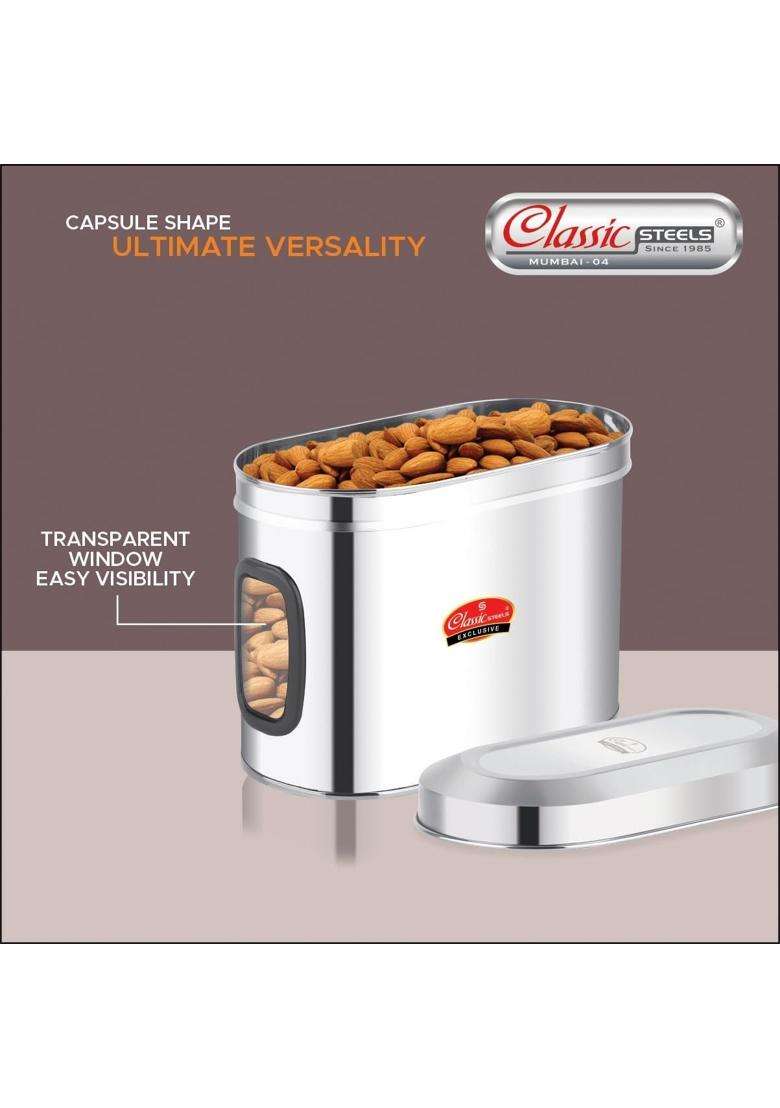 Classic Steels Oval Stainless Steel Kitchen Storage Canisters with Transparent Window | 1500 ml | 50.7 fl oz | Dishwasher Safe | Rust Resistant - Indya