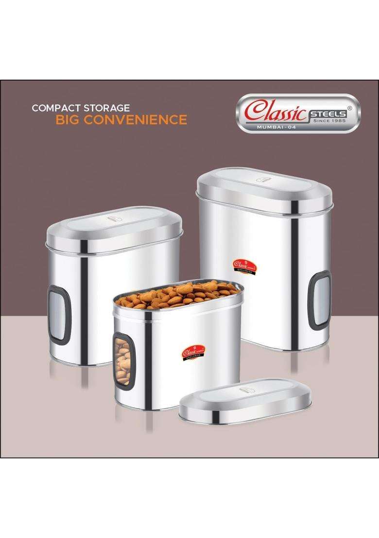 Classic Steels Oval Stainless Steel Kitchen Storage Canisters with Transparent Window | 1500 ml | 50.7 fl oz | Dishwasher Safe | Rust Resistant - Indya