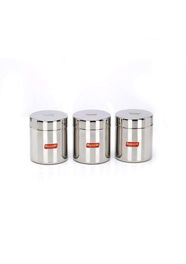 Sumeet Stainless Steel Small Canisters Jars Ubha Dabba Storage Containers Set | 350 ml | 11.8 fl oz | 7.5 cm | 3 Inch | 3-Piece Set - Indya