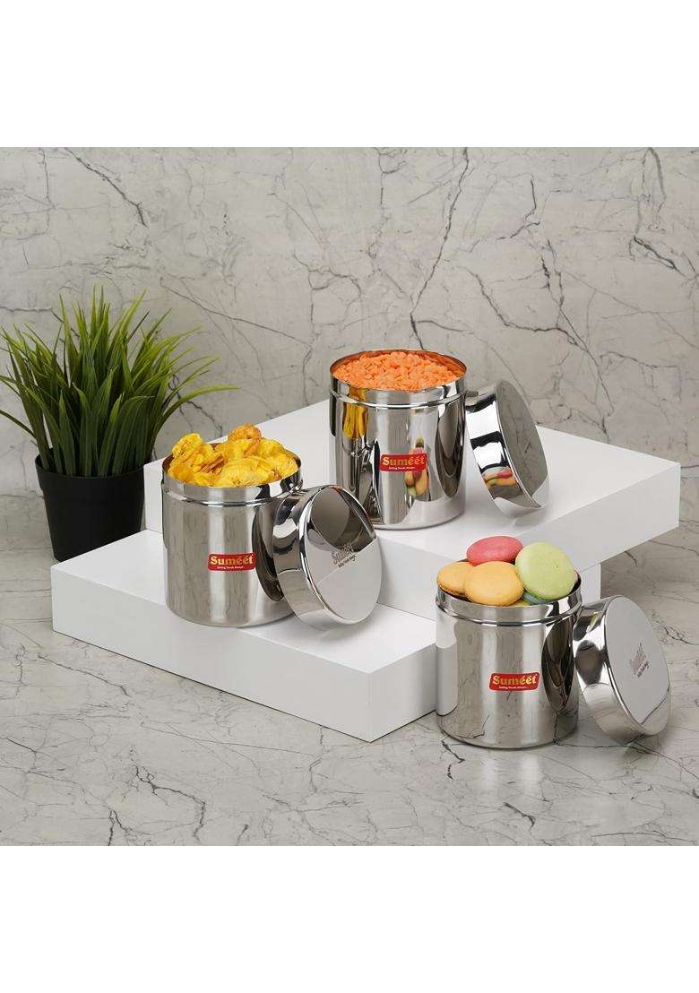 Sumeet Stainless Steel Small Canisters Jars Ubha Dabba Storage Containers Set | 350 ml | 11.8 fl oz | 7.5 cm | 3 Inch | 3-Piece Set - Indya