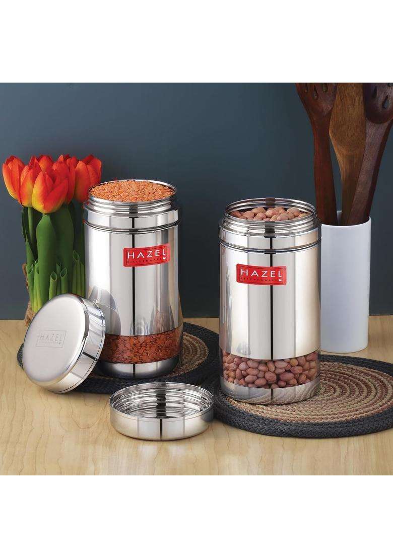 HAZEL Stainless Steel See Through Transparent Container | 1200 ml | 40.6 fl oz | 2-Piece Set - Indya