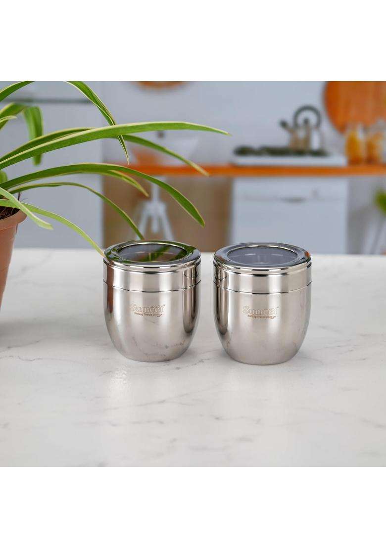Sumeet Stainless Steel Conical Shape Canisters Dabba Storage Containers for Kitchen | 500 ml | 16.9 fl oz | 9 cm | 3.5 Inch | 2-Piece Set - Indya
