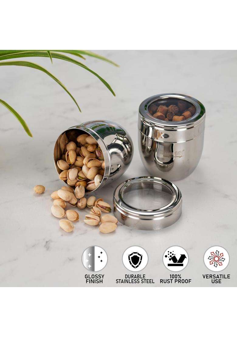 Sumeet Stainless Steel Conical Shape Canisters Dabba Storage Containers for Kitchen | 500 ml | 16.9 fl oz | 9 cm | 3.5 Inch | 2-Piece Set - Indya