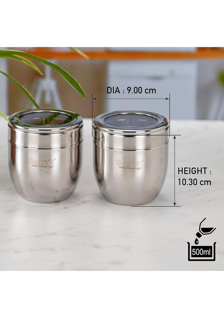 Sumeet Stainless Steel Conical Shape Canisters Dabba Storage Containers for Kitchen | 500 ml | 16.9 fl oz | 9 cm | 3.5 Inch | 2-Piece Set - Indya